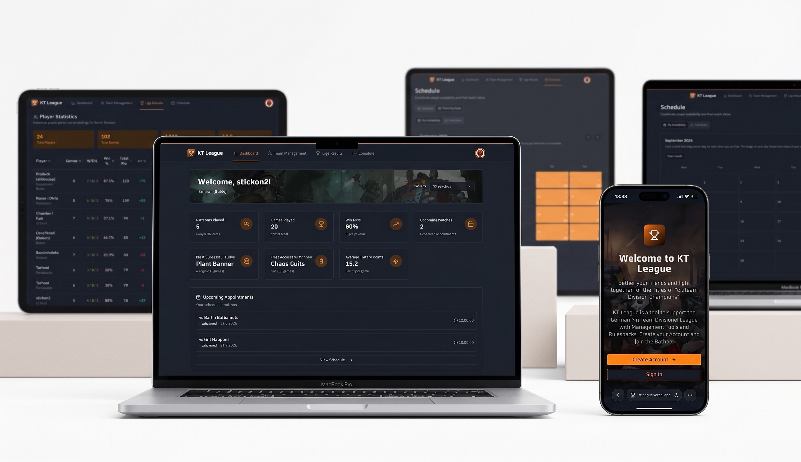 KTLeague responsive showcase — dashboard, liga results, schedule, and mobile onboarding across MacBook, tablets, and iPhone
